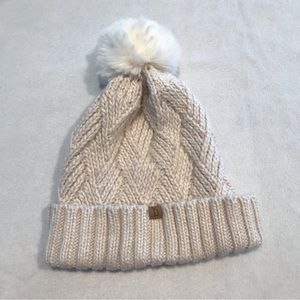 Knit beanie hat, cream with furry Pom Pom